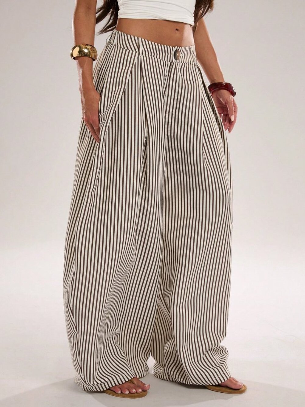 Apricot Casual Women's Checkered Striped Loose Long Curved Pants - Picture 5 of 7